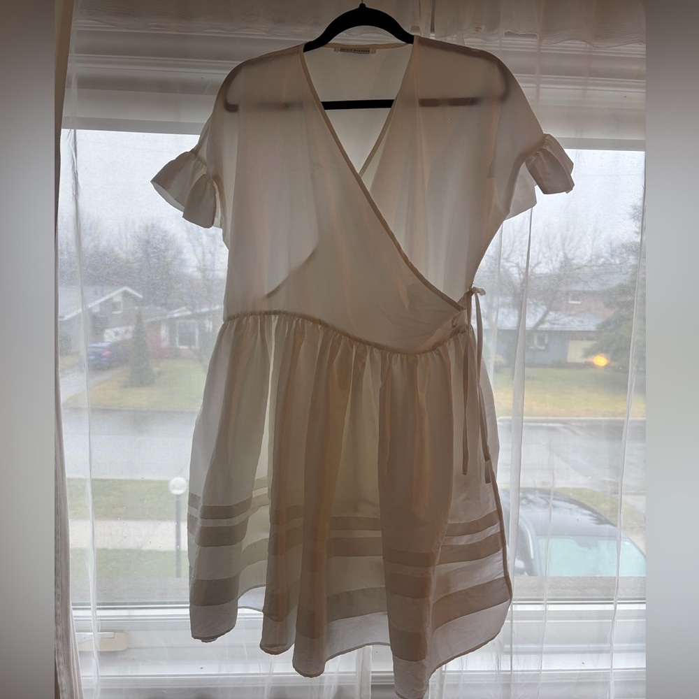 Cecile Bahnsen Prisca Sheer White Wrap Mini Dress with Ruffle Sleeves
